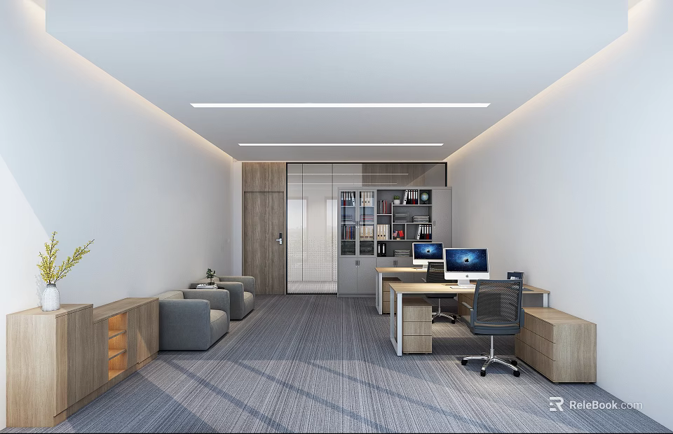 Modern Public Office Space With Workstations Sofa Computers And Storage Cabinets 3d model 