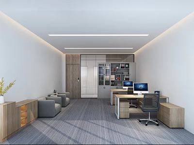Modern Public Office Space With Workstations Sofa Computers And Storage Cabinets 3d model