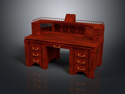 Classic Mahogany Wood Desk With Multiple Drawers And Upper Hutch Design 3d model