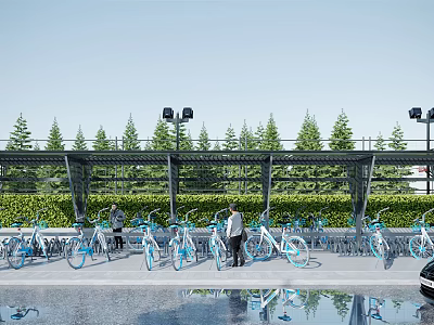 Modern Bicycle Parking Lot With Neatly Arranged Bicycles Green Trees Shelter And Lighting 3d model