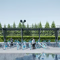Modern Bicycle Parking Lot With Neatly Arranged Bicycles Green Trees Shelter And Lighting