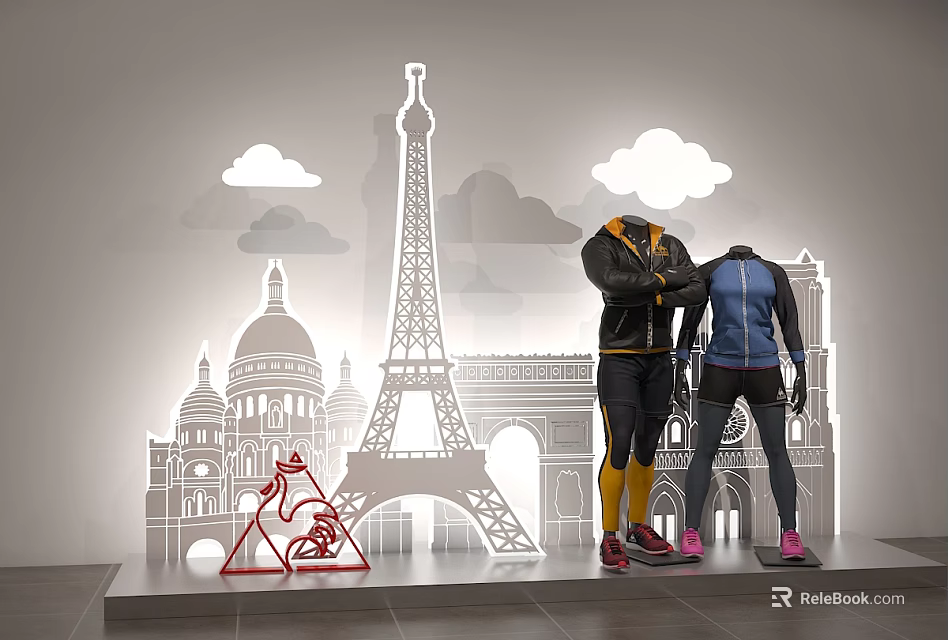 Fashion Mannequins In Sportswear Against Parisian Landmarks Backdrop With Eiffel Tower Clouds And Red Logo 3d model 