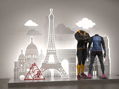 Fashion Mannequins In Sportswear Against Parisian Landmarks Backdrop With Eiffel Tower Clouds And Red Logo 3d model