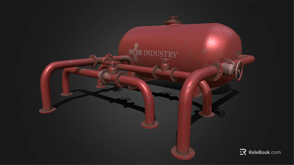 Red Industrial Pressure Vessel With Connected Pipes And Support Legs Structure 3d model