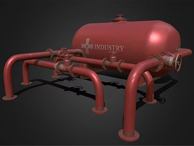 Red Industrial Pressure Vessel With Connected Pipes And Support Legs Structure 3d model