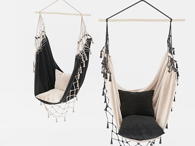 Hanging Hammock Chair with Black and Beige Design Tassel Details and Comfortable Cushions 3d model