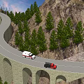 Stone Arch Bridge Road With Ambulance Truck And Green Trees On Mountain Scenic Sunset