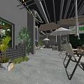 Modern Restaurant Interior With Spherical Decor String Lights Palm Plants And Seating Area 3d model