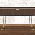 Modern Entryway Console Table Brown Wooden With Golden Handle And Brass Legs Against Textured Wall