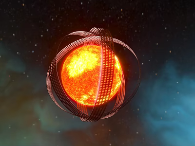 Art Installation Featuring Glowing Orange Sphere With Circular Metal Frames In Starry Cosmic Background 3d model