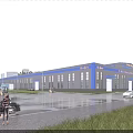 Modern Industrial Factory Building Exterior With Gray Blue Facade Large Windows And Roadside Greenery