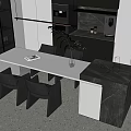 Modern Kitchen Dining Table Set With Gray Marble Top Black Chairs And Green Plant