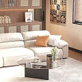 Modern White Sofa and Glass Coffee Table Set with Accent Pillows and Wooden Elements