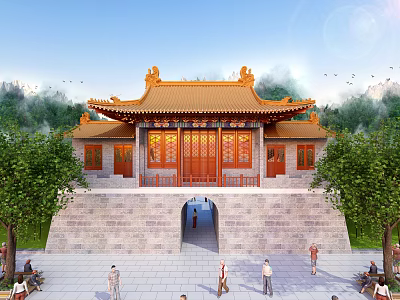 Traditional Ancient Chinese Architecture With Yellow Tile Roof Overhanging Eaves Red Doors And Stone Base 3d model