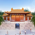 Traditional Ancient Chinese Architecture With Yellow Tile Roof Overhanging Eaves Red Doors And Stone Base