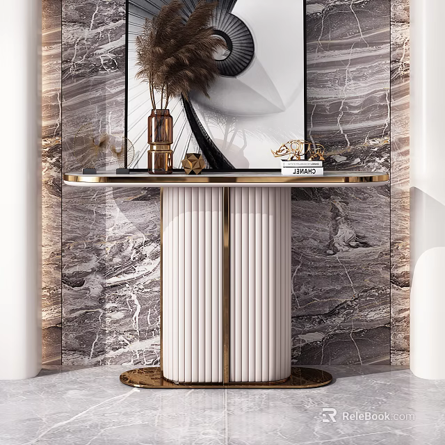 Modern Luxury Console Table With White Fluted Column And Black Top On Marble Backdrop 3d model 
