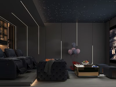 Modern Home Theater Interior With Starry Ceiling Dark Walls Cozy Sofas And Projection Screen 3d model