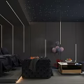 Modern Home Theater Interior With Starry Ceiling Dark Walls Cozy Sofas And Projection Screen