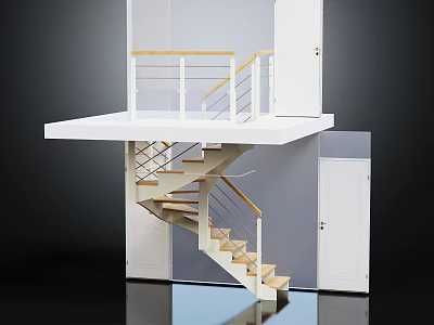 Spiral Staircase Model With Wooden Steps White Railing Platform And White Doors 3d model