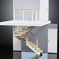 Spiral Staircase Model With Wooden Steps White Railing Platform And White Doors