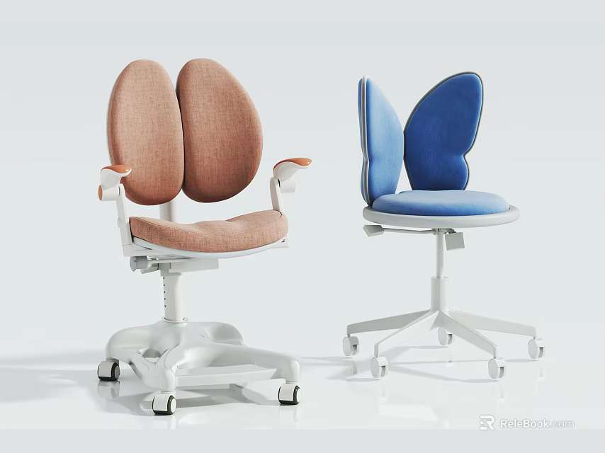 Kids Chair with Butterfly Shaped Backrest Upholstered Seat and Swivel Wheels in Brown and Blue 3d model 