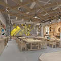 School Craft Workshop Classroom With Wooden Tables Chairs Wall Tools And Pendant Lights