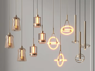 Modern Pendant Lights Featuring Various Designs Shapes Metallic Glass And Illuminated Effects 3d model