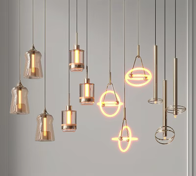 Modern Pendant Lights Featuring Various Designs Shapes Metallic Glass And Illuminated Effects 3d model