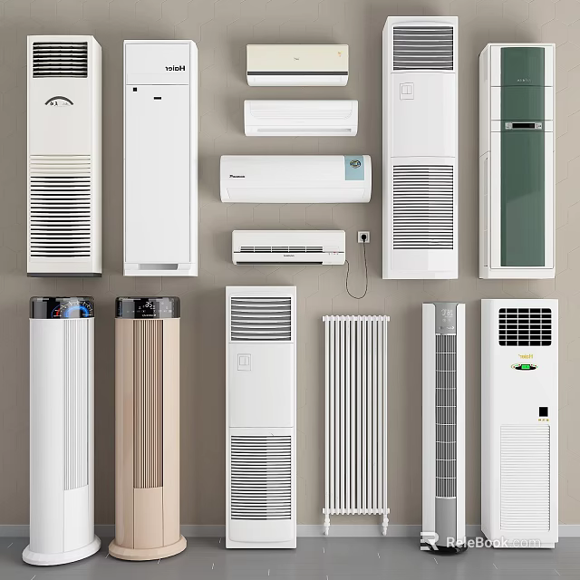 Different Types of Air Conditioners and Fans With Wall Mounted Standing and Cabinet Designs 3d model 