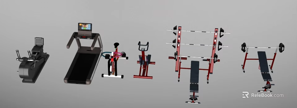 Fitness Exercise Equipment for Home Gym with Treadmill Bike Barbell Rack and Bench 3d model 