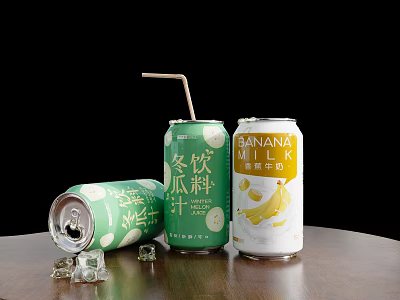 Canned Winter Melon Juice and Banana Milk Drinks with Ice Cubes Straw on Wooden Table 3d model