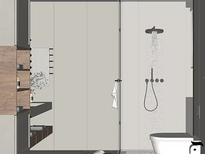 Modern Bathroom Interior Design With Glass Shower Door Toilet Wooden Vanity And Mirror 3d model