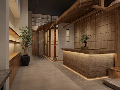 Natural Style Shop Front Desk With Wooden Counter Green Plant And Warm Lighting 3d model