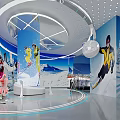 Ski Equipment Showroom Interior With Blue Theme Circular Structure And Lighting 3d model