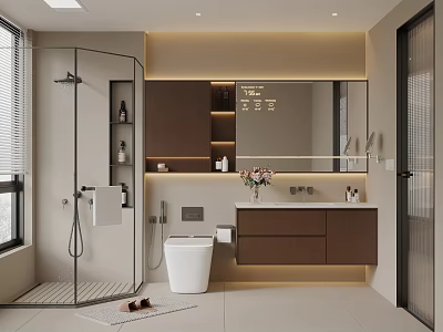 Modern Bathroom Interior With Glass Shower Enclosure Toilet Vanity And Backlit Mirror 3d model