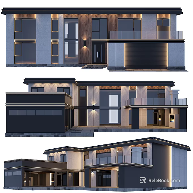 Modern Detached Villa Exterior Design Featuring Large Windows Balconies And Lighting 3d model