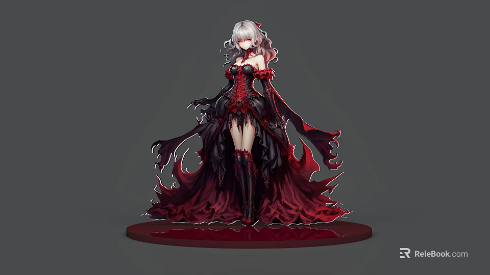 3D Model Woman With White Hair Red Black Outfit Flame Like Hem On Red Base 3d model 