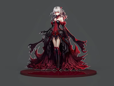 3D Model Woman With White Hair Red Black Outfit Flame Like Hem On Red Base 3d model