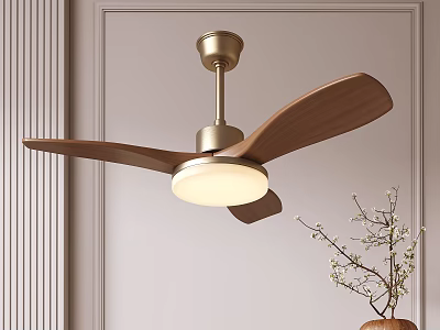Ceiling Fan Light With Wooden Blades Brushed Brass Base Modern Design For Minimalist Interior Decor 3d model