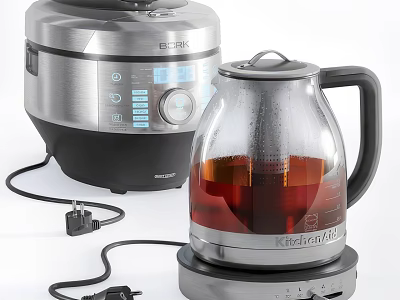 Kitchen Appliances Featuring EBRK Multifunctional Cooker And KitchenAid Glass Electric Kettle With Liquid 3d model