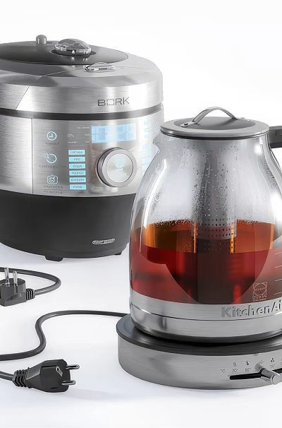 Kitchen Appliances Featuring EBRK Multifunctional Cooker And KitchenAid Glass Electric Kettle With Liquid 3d model