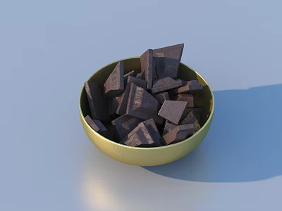 Golden Bowl Filled With Fresh Dark Chocolate Chunks On Blue Surface 3d model
