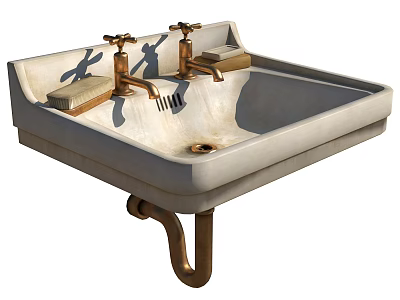 Vintage Style White Ceramic Washbasin With Golden Double Faucets And Wall Mounted Structure 3d model