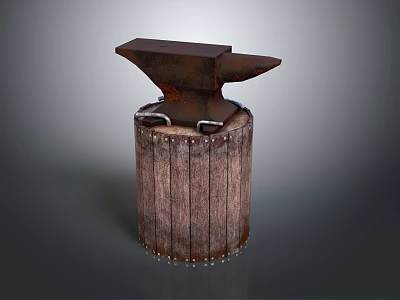 Public Blacksmith Facility Iron Anvil Mounted On Wooden Barrel Structure 3d model
