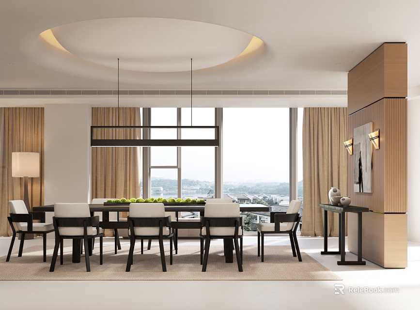 Modern Restaurant Interior With Dining Table Chairs Large Windows And Natural Light 3d model 