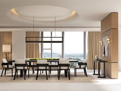 Modern Restaurant Interior With Dining Table Chairs Large Windows And Natural Light 3d model