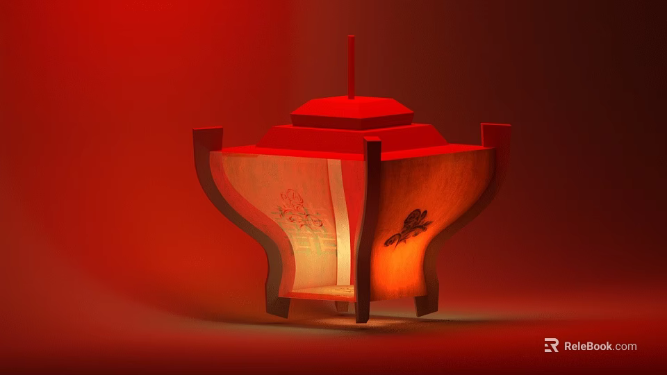 Traditional Red Chinese Lantern With Decorative Patterns Illuminated On Red Background 3d model