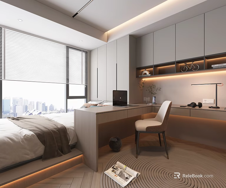 Modern Tatami Bedroom Interior Design With Desk Chair City View Window And Cabinets Lighting 3d model 