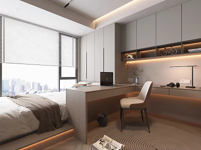 Modern Tatami Bedroom Interior Design With Desk Chair City View Window And Cabinets Lighting 3d model
