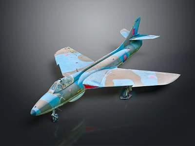 Military Airplane Model with Blue Green Brown Camouflage Cockpit Landing Gear Down and Dark Background 3d model